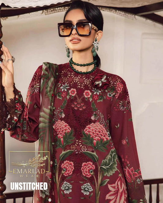 Maria B M-Print Lawn 3PC 2025 – Mehroon | Heavy Embroidered Neckline & Chiffon Dupatta