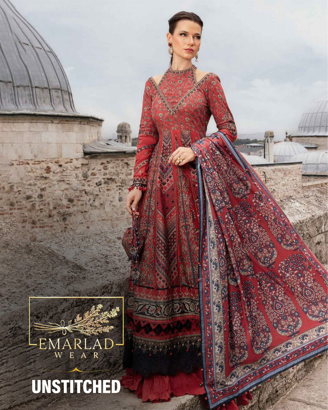 Maria B Cambric Cotton Red Chiffon Dupatta