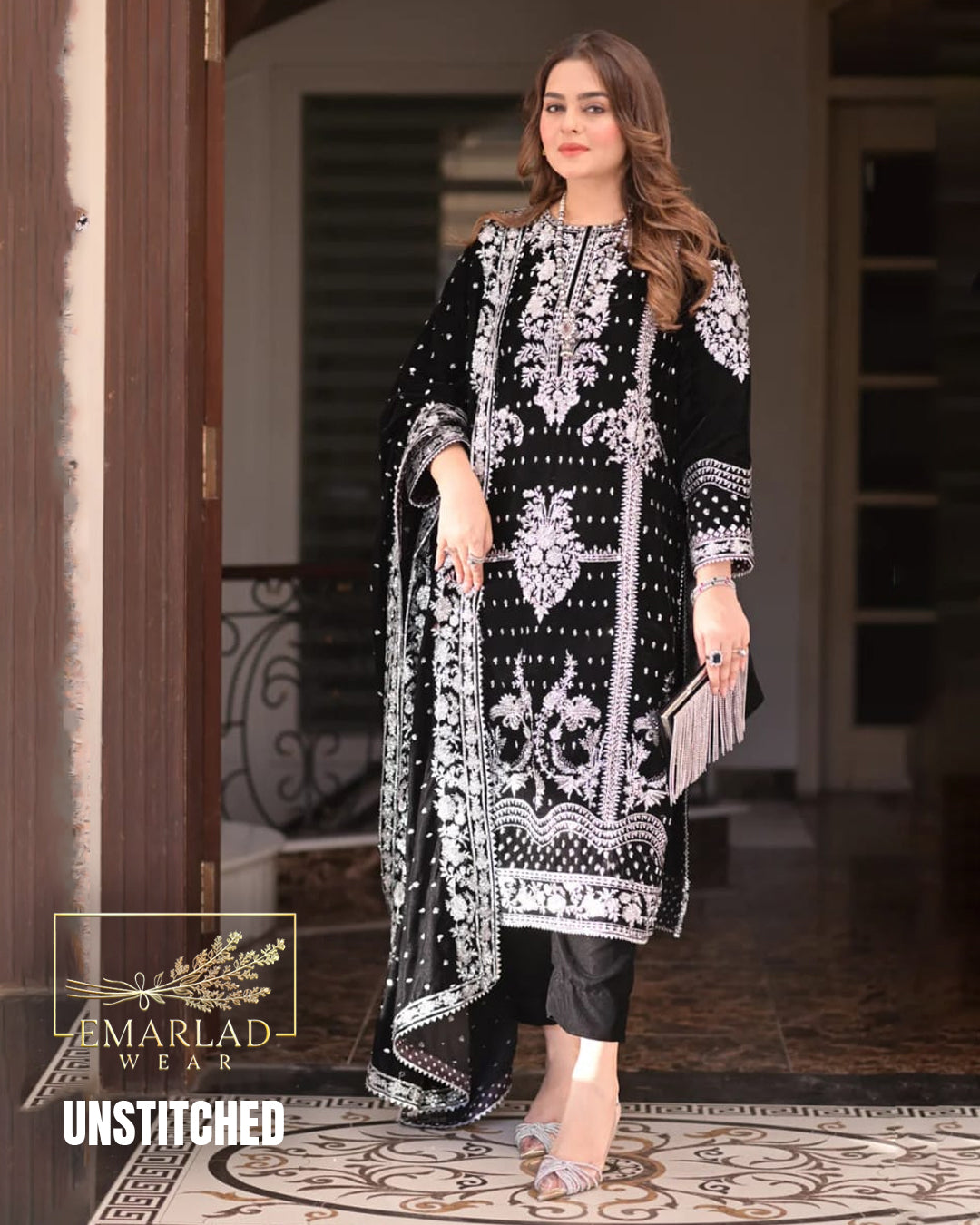 Aneelas Black Velvet Dress with Silver Embroidery – Luxury Formal Wear