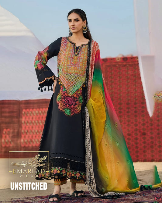 Charizma Black Multi Swiss Lawn 3 Piece Suit with Silk Digital Printed Dupatta
