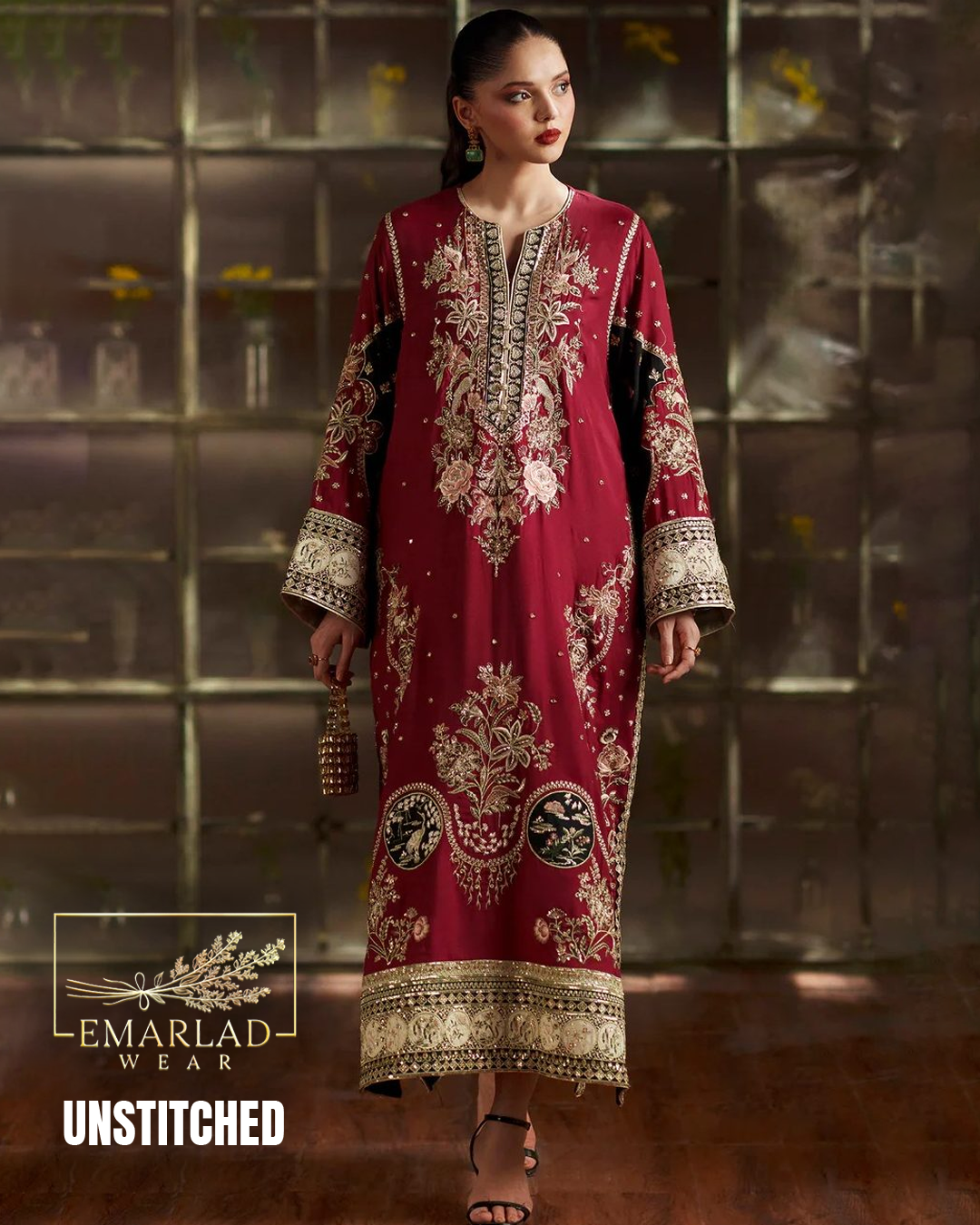 Ethnic Luxury Dark Red Kaftan Collection 2026 Embroidered Suit | Emarladwear