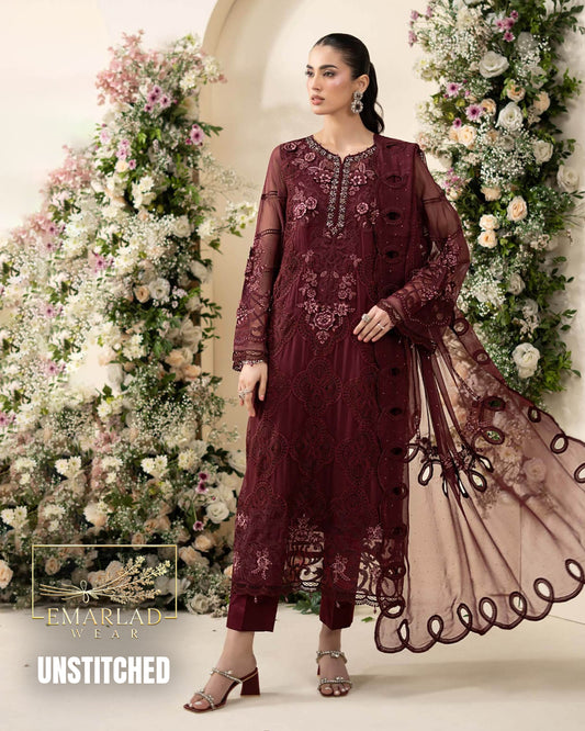 Maria B Luxury Chiffon Collection Maroon Embroidered Dress with Chiffon Dupatta