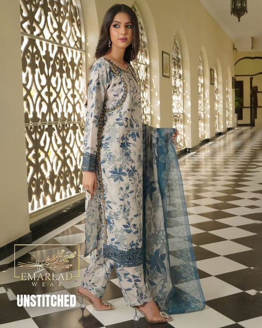Maria B Skin Blue Printed Lawn Suit with Embroidered Chiffon Dupatta – 3 Piece Lawn Collection