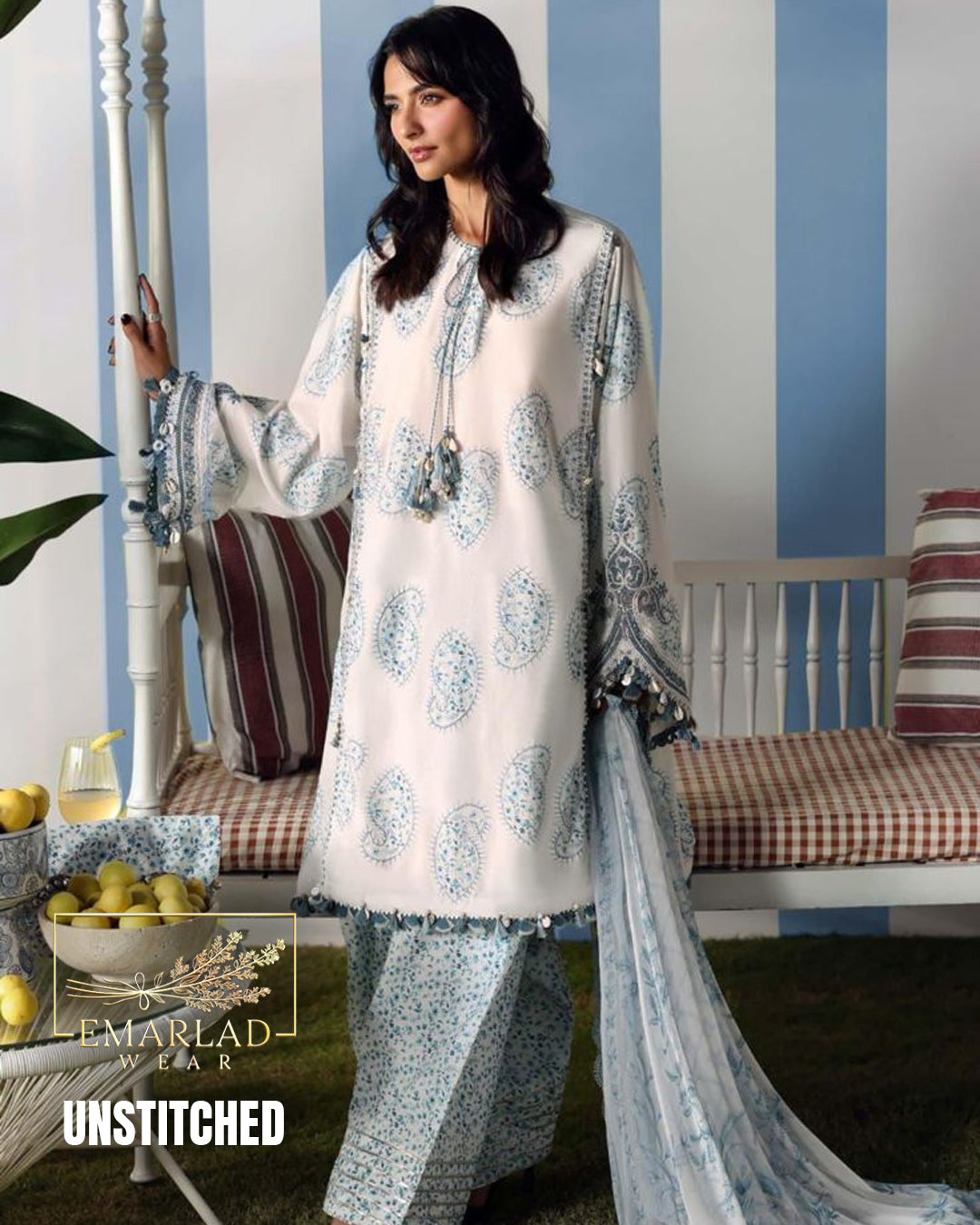 Maria B Kairy White n Blue Lawn Suit with Chiffon Embroidered Dupatta & Printed Trouser