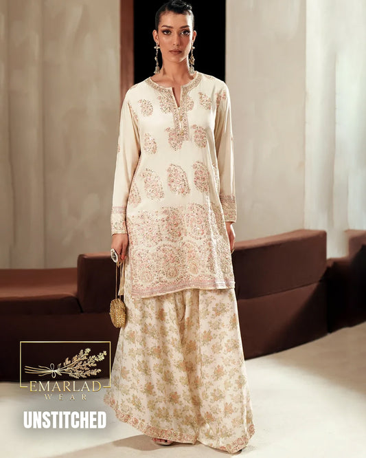 Ethnic White Raw Silk 3 Piece Embroidered Suit with Shamoze Dupatta