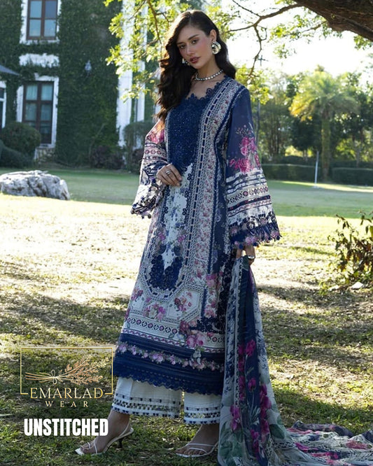 Elaaf Lawn Collection 2026 Skin Blue Design 2B 3 Piece Unstitched Printed Lawn Suit with Embroidered Chiffon Dupatta