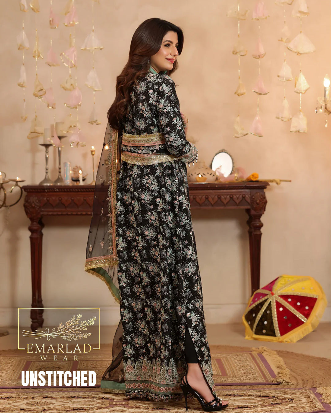 Aneelas Black Embroidered 3 Piece Unstitched Formal Raw Silk Suit NC-2301-26