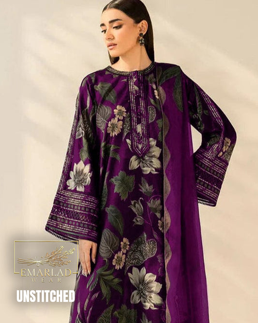 Baroque LIS04A/B Dark Purple Unstitched Lawn Suit with Embroidered Patches & Chiffon Dupatta