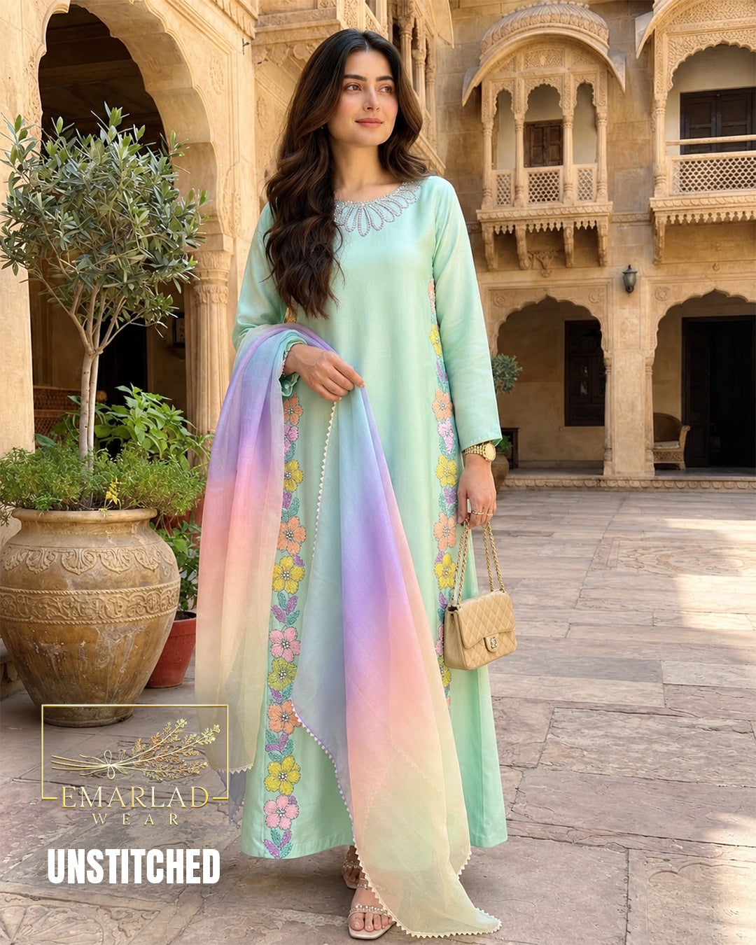 Nureh Pista Green Kaftan Silk Embroidered 3 Piece Suit