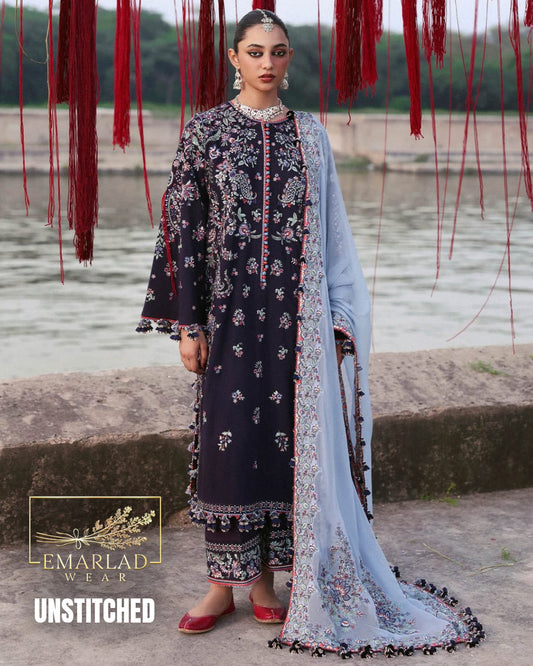 Hussain Rehar Navy Blue Luxury Lawn Replica 3 Pc Suit | Chiffon Heavy Embroidered Dupatta (Ready to Wear)