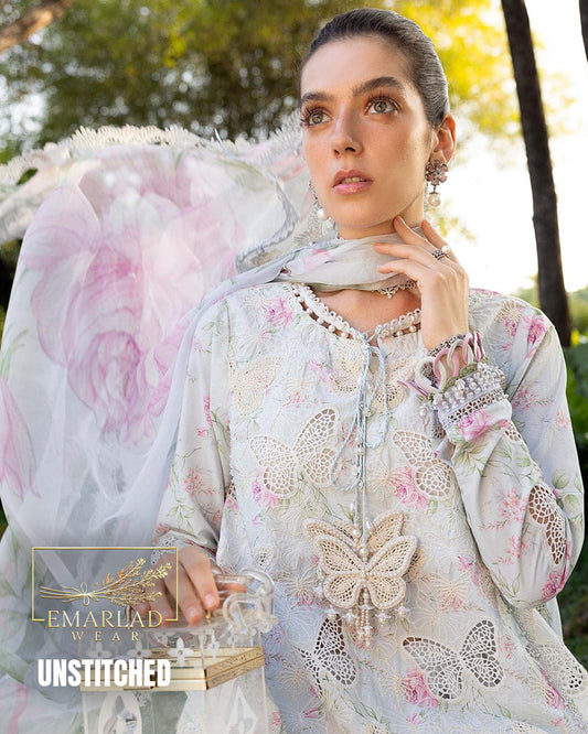 Maria B 2026 Laser Butterfly Lawn Suit grey with Chiffon Printed Dupatta 3PC