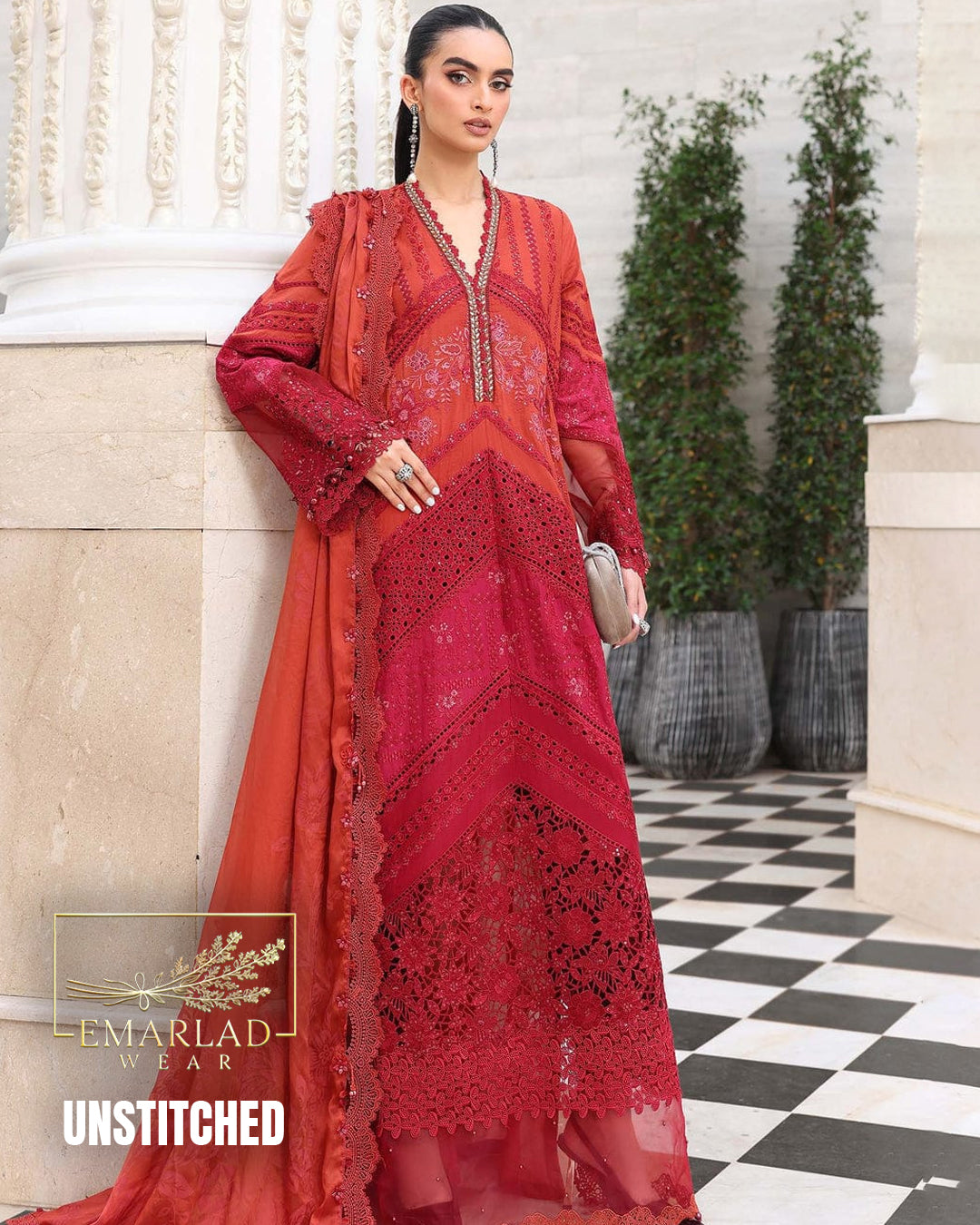 Maria B MB-26-09 Red Orange Triple Shade Tie & Dye Luxury Lawn Embroidered 3PC Suit | Emarladwear
