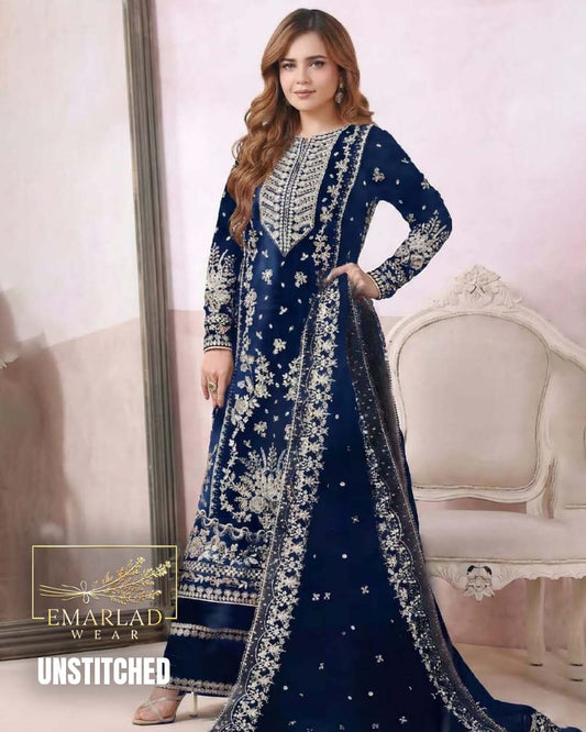Aneelas Navy Blue Embroidered Velvet 3 Piece Suit