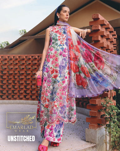 Maria B Floral White 3 Piece Printed Lawn Chicken Kari Embroidered Suit with Chiffon Dupatta