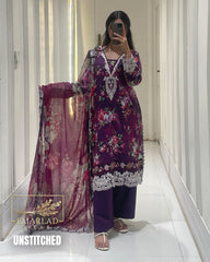 Aneelas Purple Lawn 3PC Suit with Embroidered Chiffon Dupatta