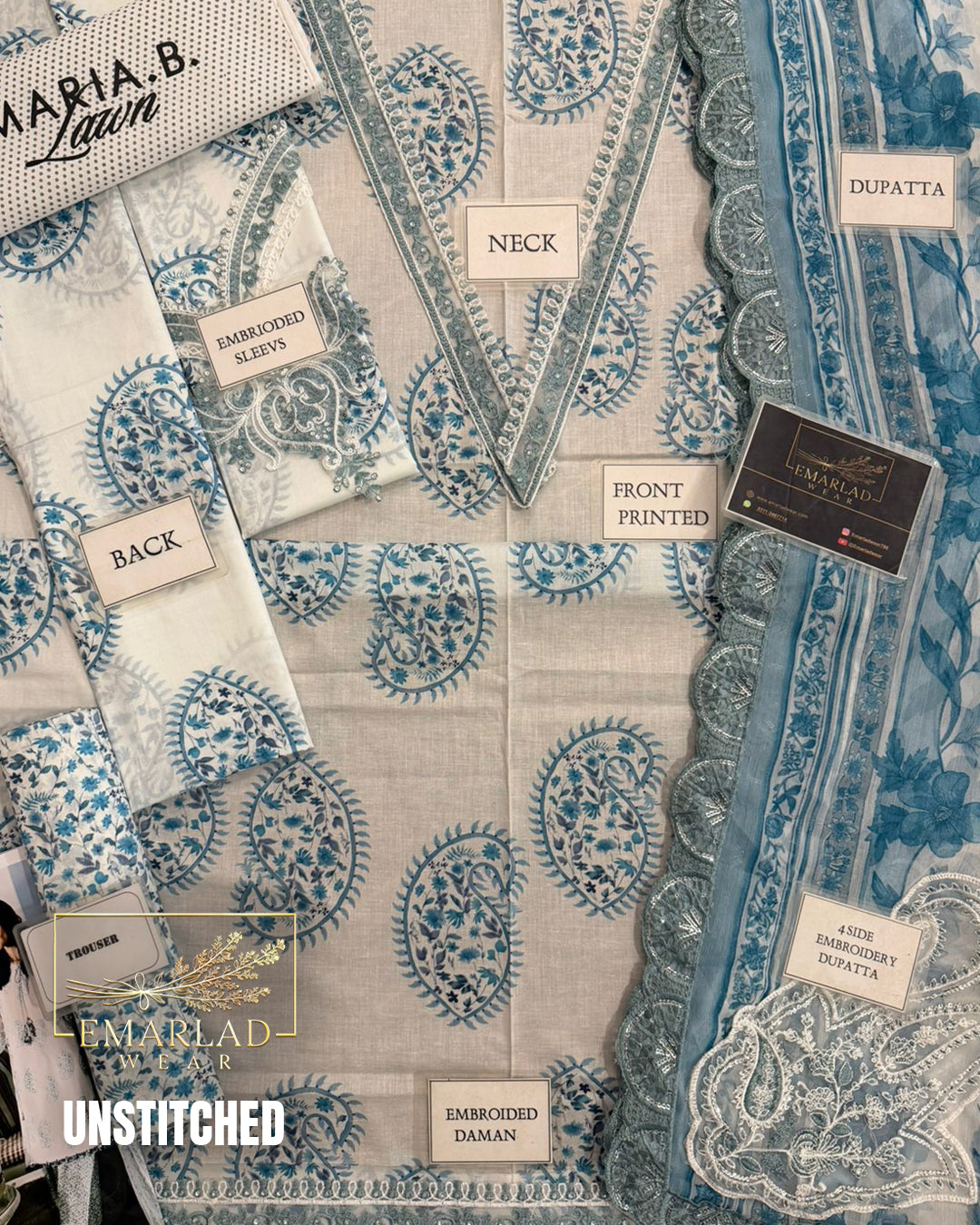 Maria B Kairy White n Blue Lawn Suit with Chiffon Embroidered Dupatta & Printed Trouser