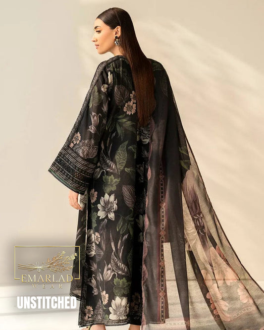 Baroque LIS04A/B Black Unstitched Printed Lawn Suit with Embroidered Patches & Chiffon Dupatta