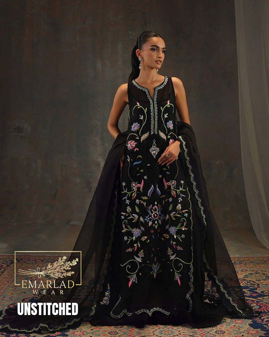 Farida Hassan Embroidered Raw Silk Collection – Black