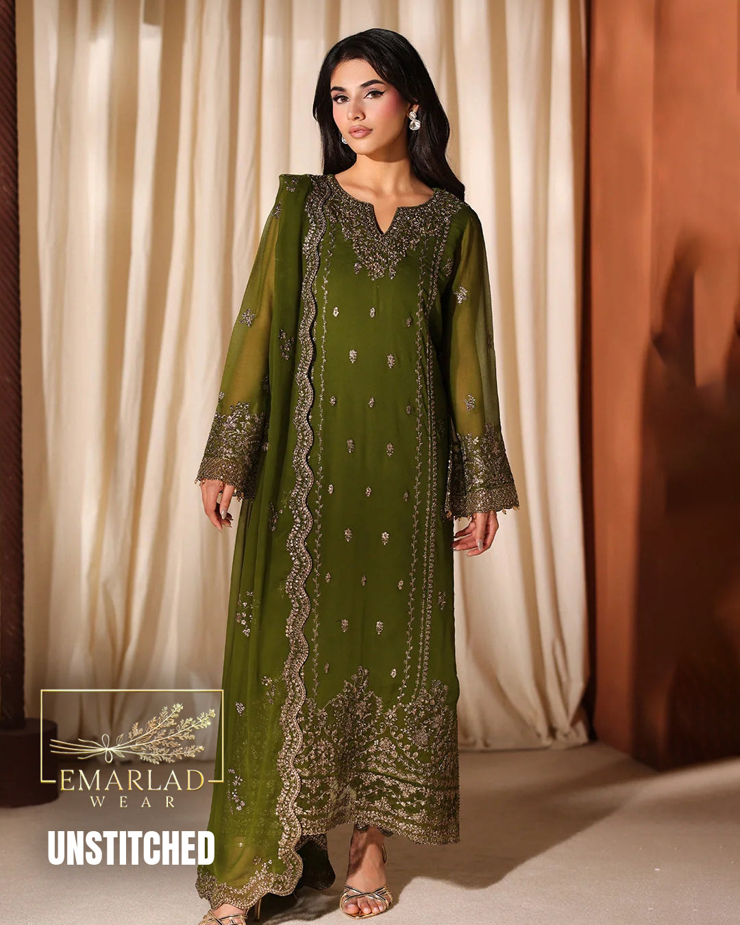 Azure Mehndi Green Chiffon Partywear 3 Piece Suit M-7