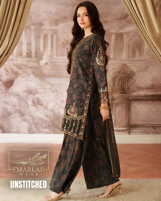 Mohagni Brown Lawn Suit with Embroidered Chiffon Dupatta – Premium 3PC Summer Collection