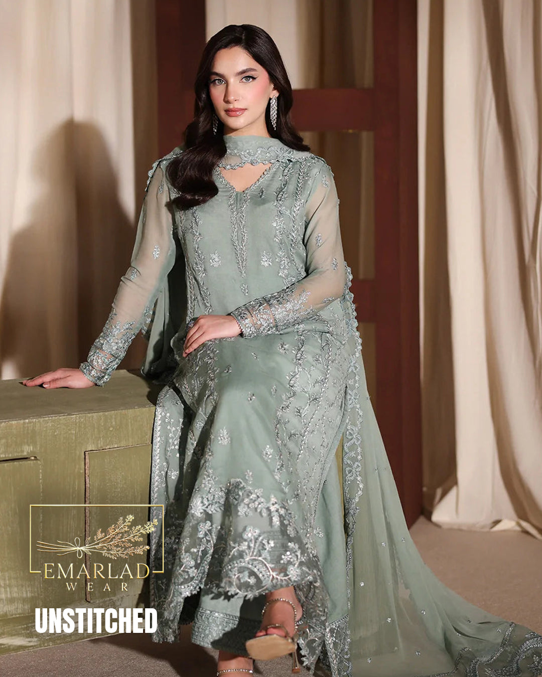 Azure Dark Pistachio Green Chiffon Partywear 3 Piece Suit M-7