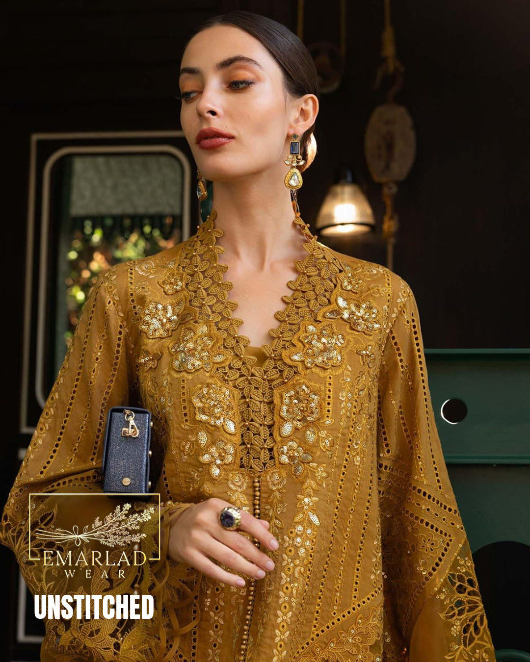 Maria B Luxury Lawn Collection Mustard 3 Piece Unstitched Embroidered Lawn Suit with Organza Dupatta