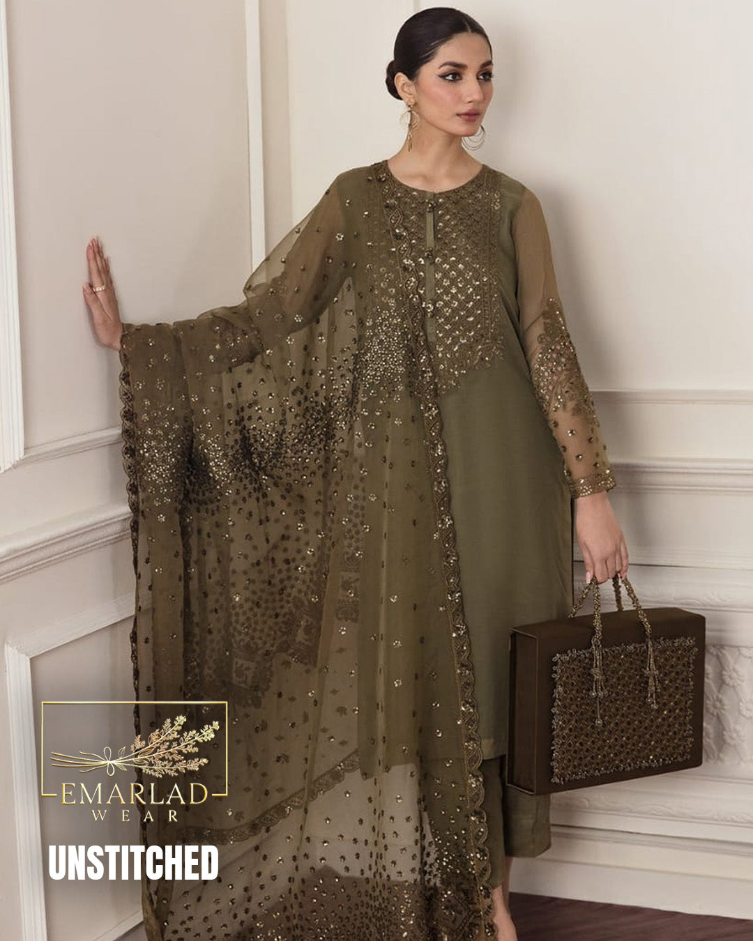 Barooque  | Mehndi green  - Semi Pure Chiffon Collection