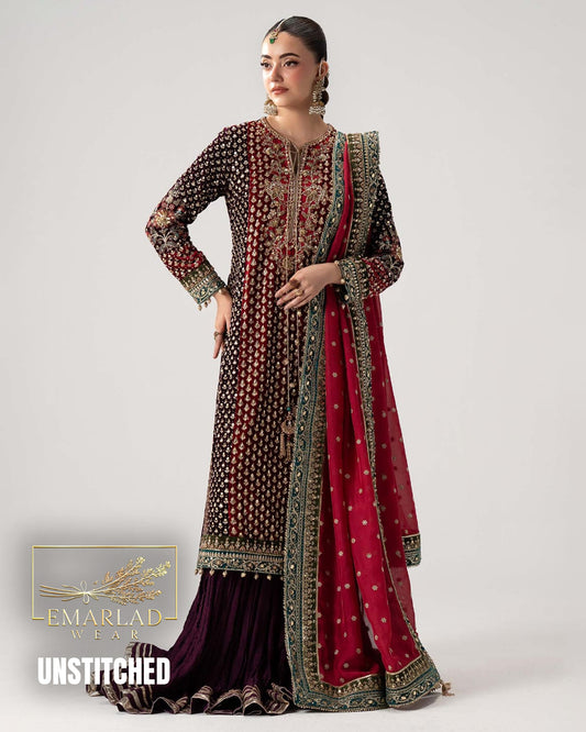 Maria B Maroon Embroidered 3 Piece Unstitched Formal Chiffon Suit – Premium Designer Dress