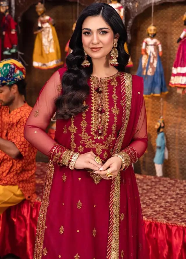 Asim Jofa Red Chiffon Dress Formal Collection 3pc – Emarlad Wear