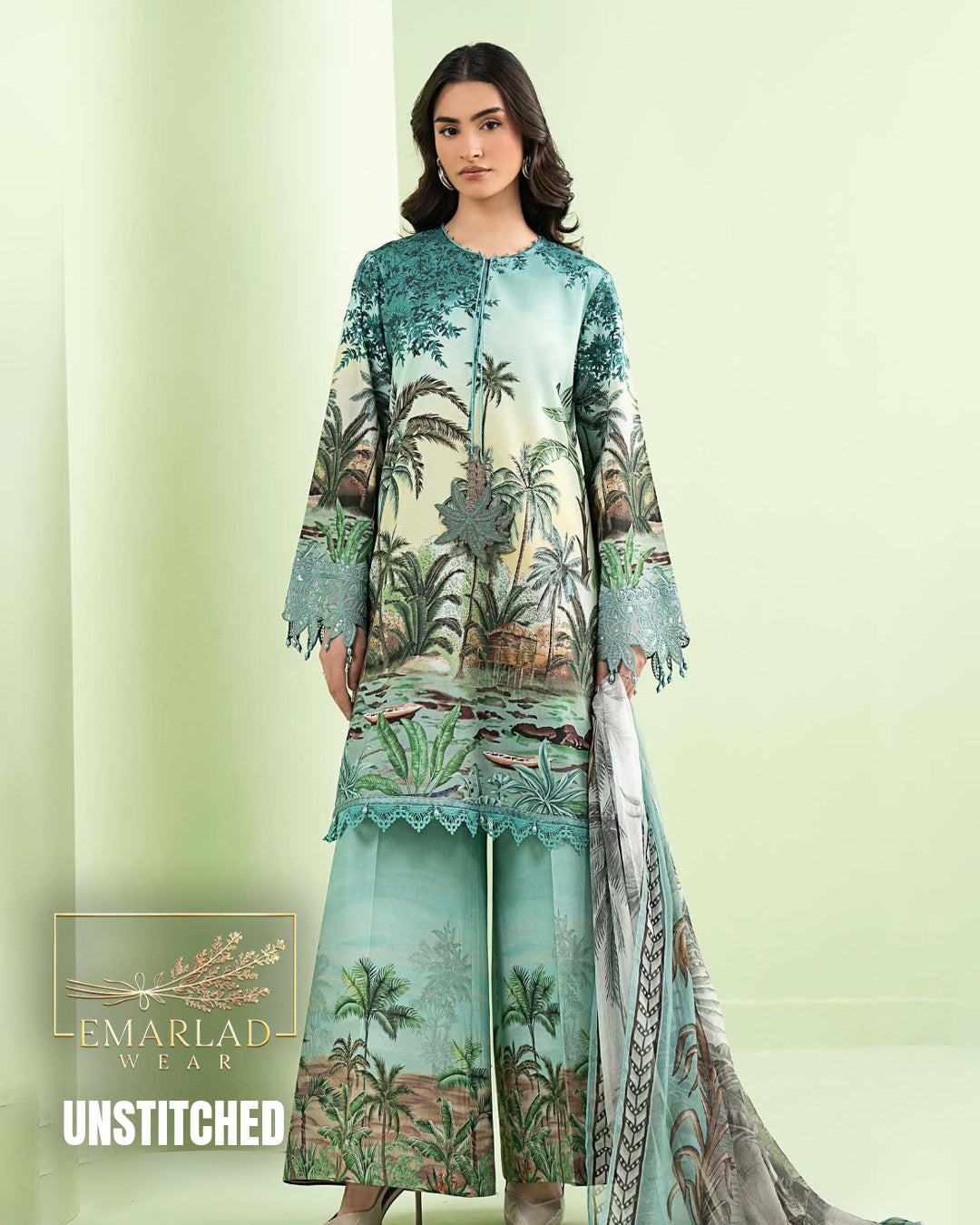 Maria B Tree Aqua Green Lawn Embroidered 3 Piece Suit