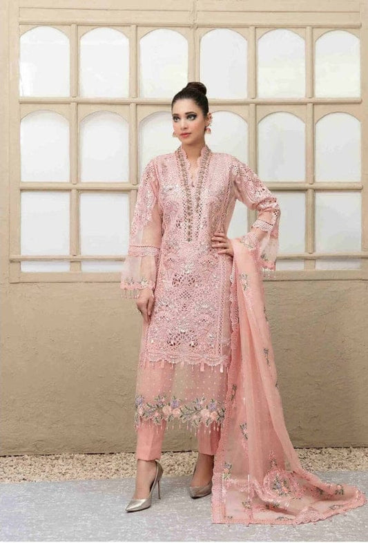 Maria B Peach Semi Stitch Organza Dress Hand Work Formal Collection