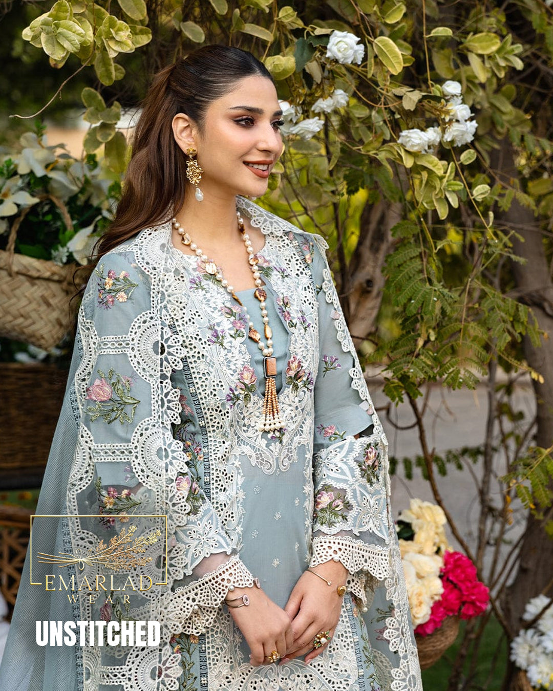 Elaf Grey Unstitched Replica Lawn Cotton 3 Piece Suit with Cotton Net Dupatta