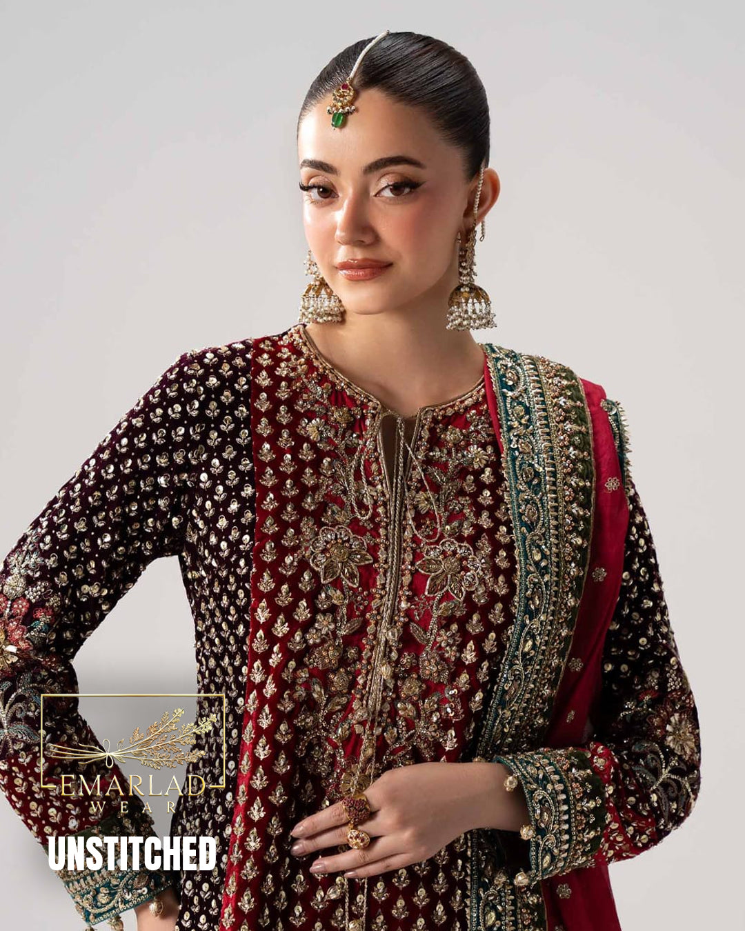 Maria B Maroon Embroidered 3 Piece Unstitched Formal Chiffon Suit – Premium Designer Dress