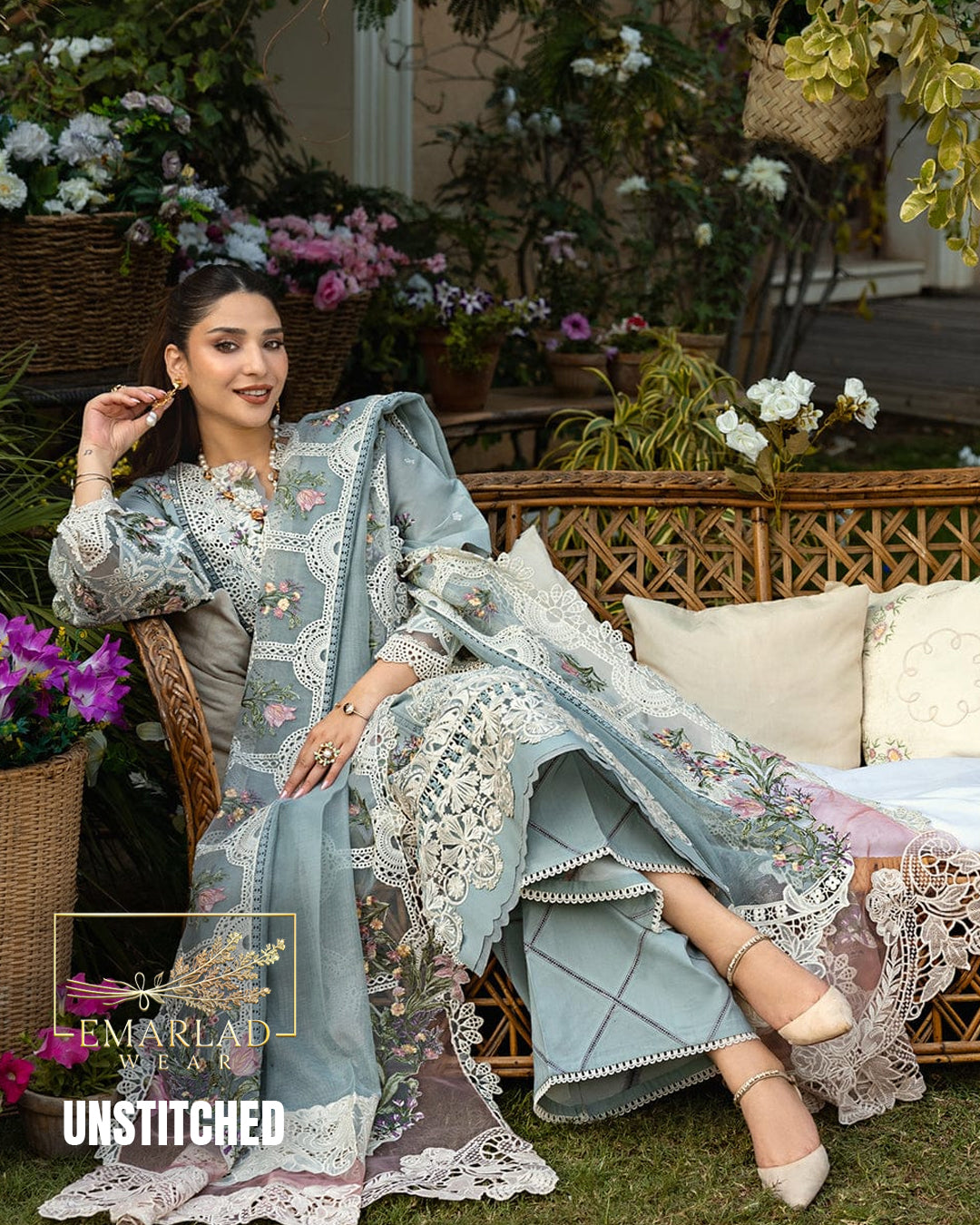 Elaf Grey Unstitched Replica Lawn Cotton 3 Piece Suit with Cotton Net Dupatta