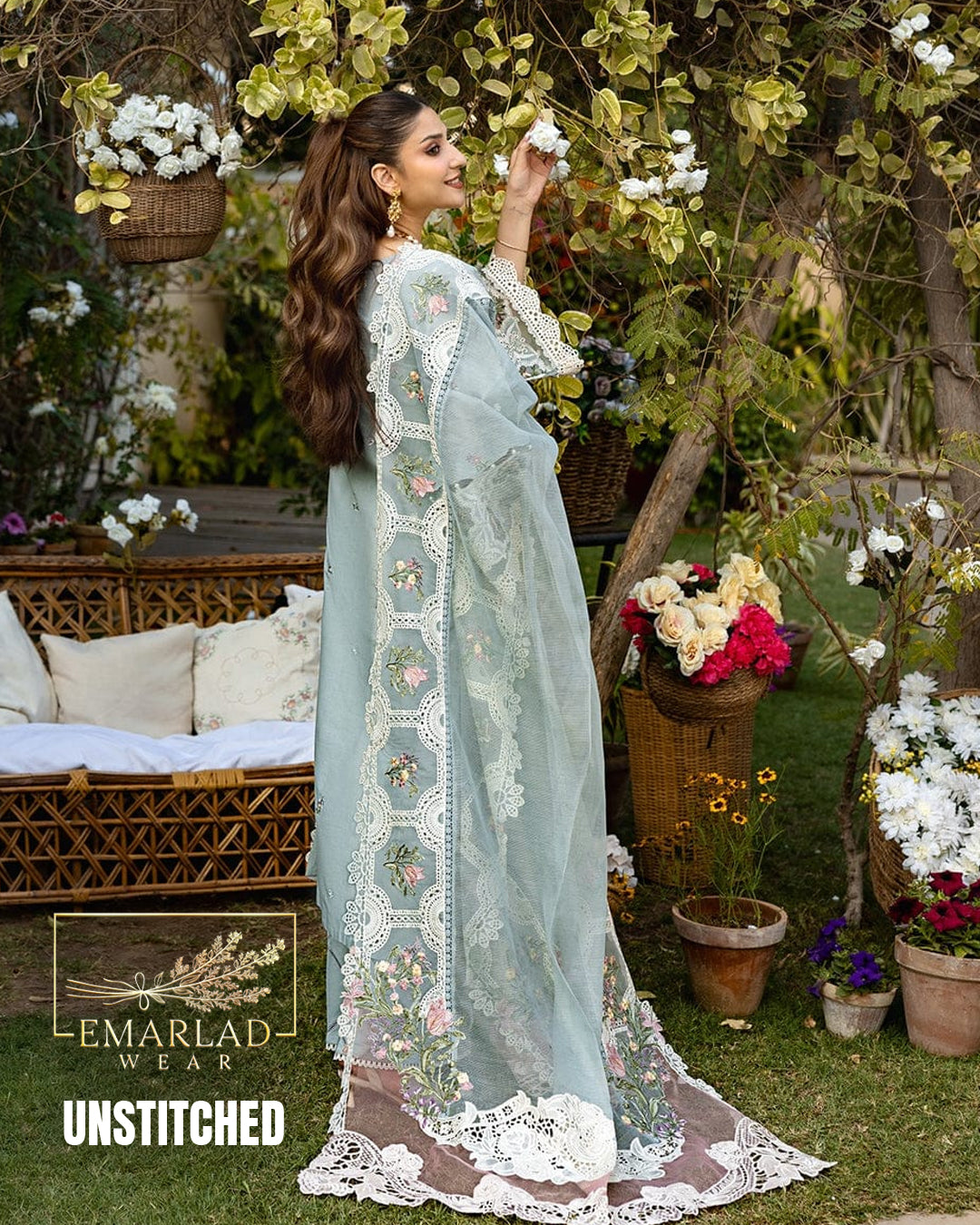 Elaf Grey Unstitched Replica Lawn Cotton 3 Piece Suit with Cotton Net Dupatta