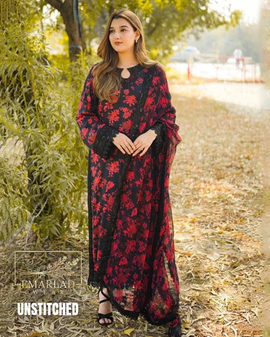 Aneelas Lawn Suit – Black & Red | Chiffon Embroidered Dupatta