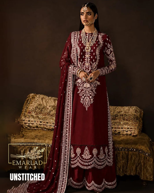 Afrozeh Mehroon Luxury Heavy Embroidered Chiffon Suit