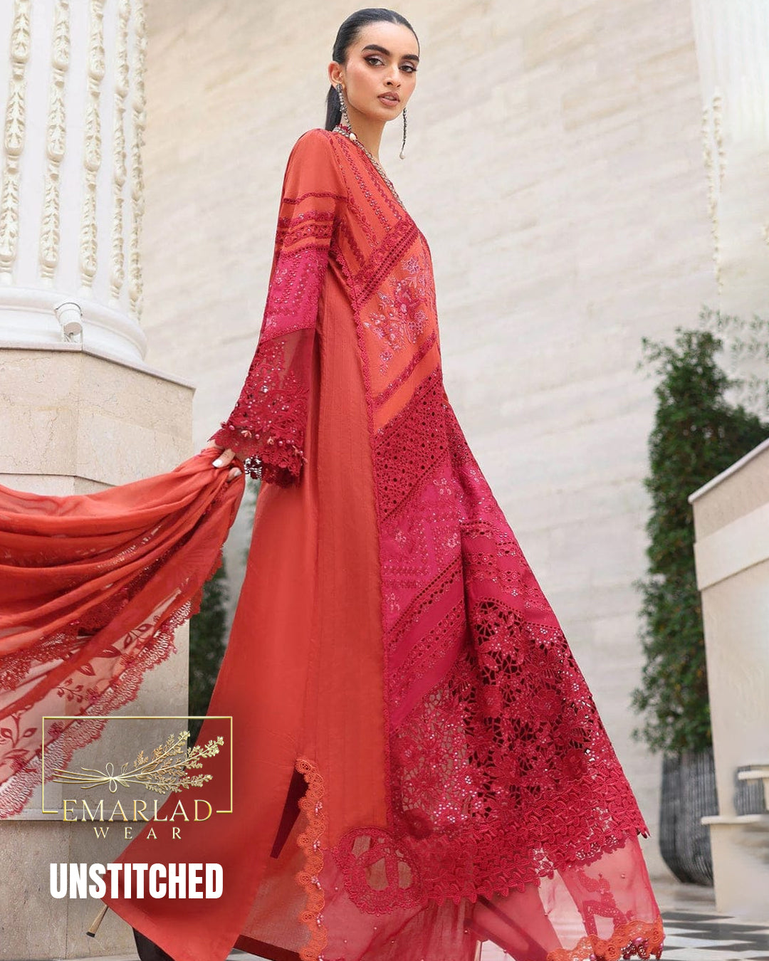 Maria B MB-26-09 Red Orange Triple Shade Tie & Dye Luxury Lawn Embroidered 3PC Suit | Emarladwear