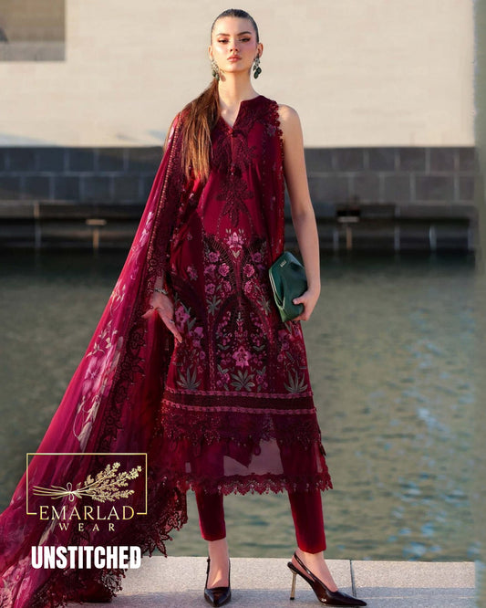 Maria B Mehroon Lawn Chikan Kari Suit 2026 – 3PC Embroidered Dress with Silk Dupatta