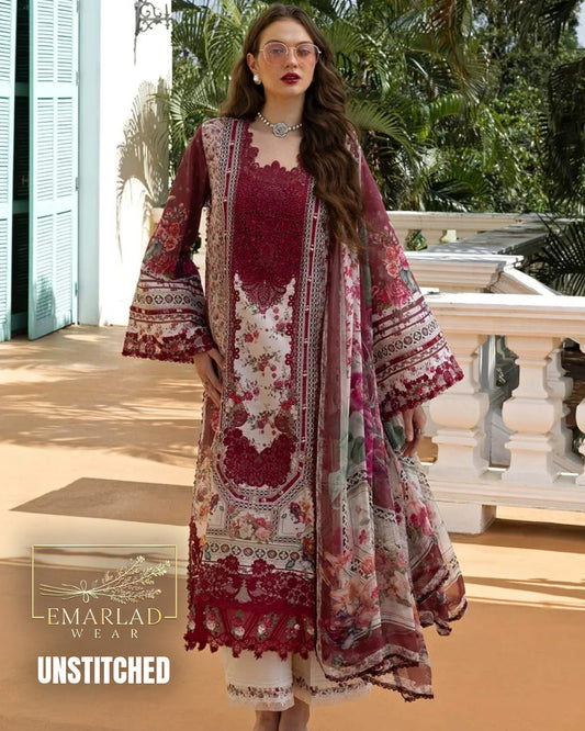 Elaaf Lawn Collection 2026 Skin Mehroon Design 2B 3 Piece Unstitched Printed Lawn Suit with Embroidered Chiffon Dupatta