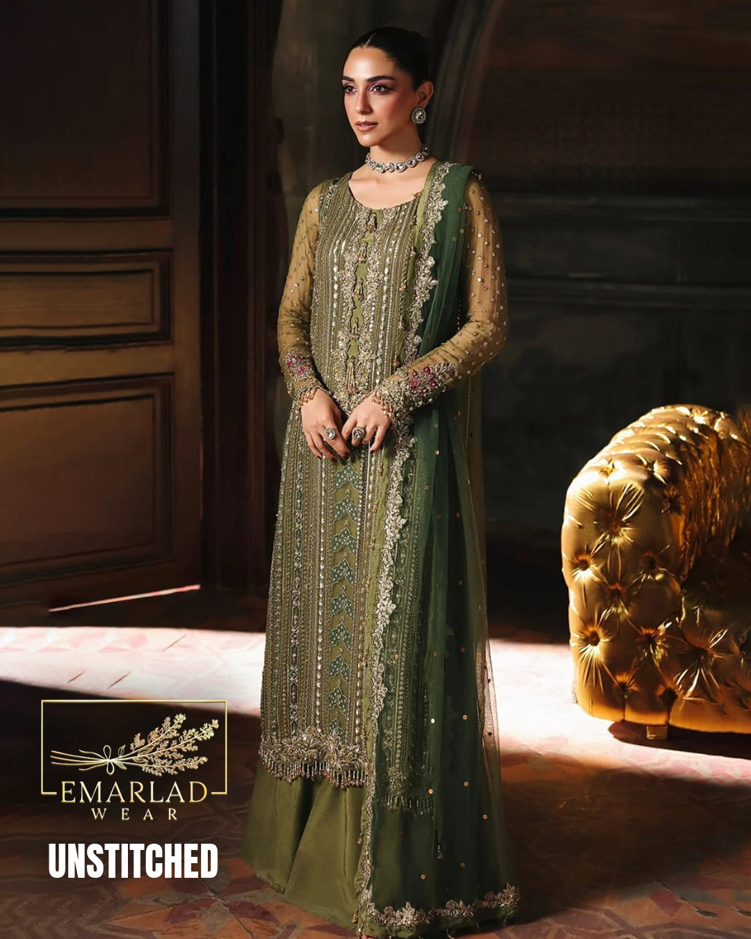 Charizma Formal Mehndi Green Chiffon Dress – Elegant Embroidered Outfit