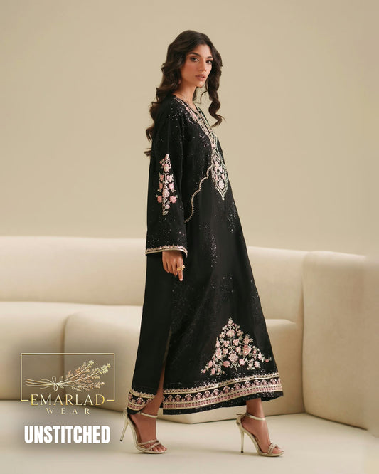 Ethnic Jet Black 2 Piece Silk Kaftan Unstitched