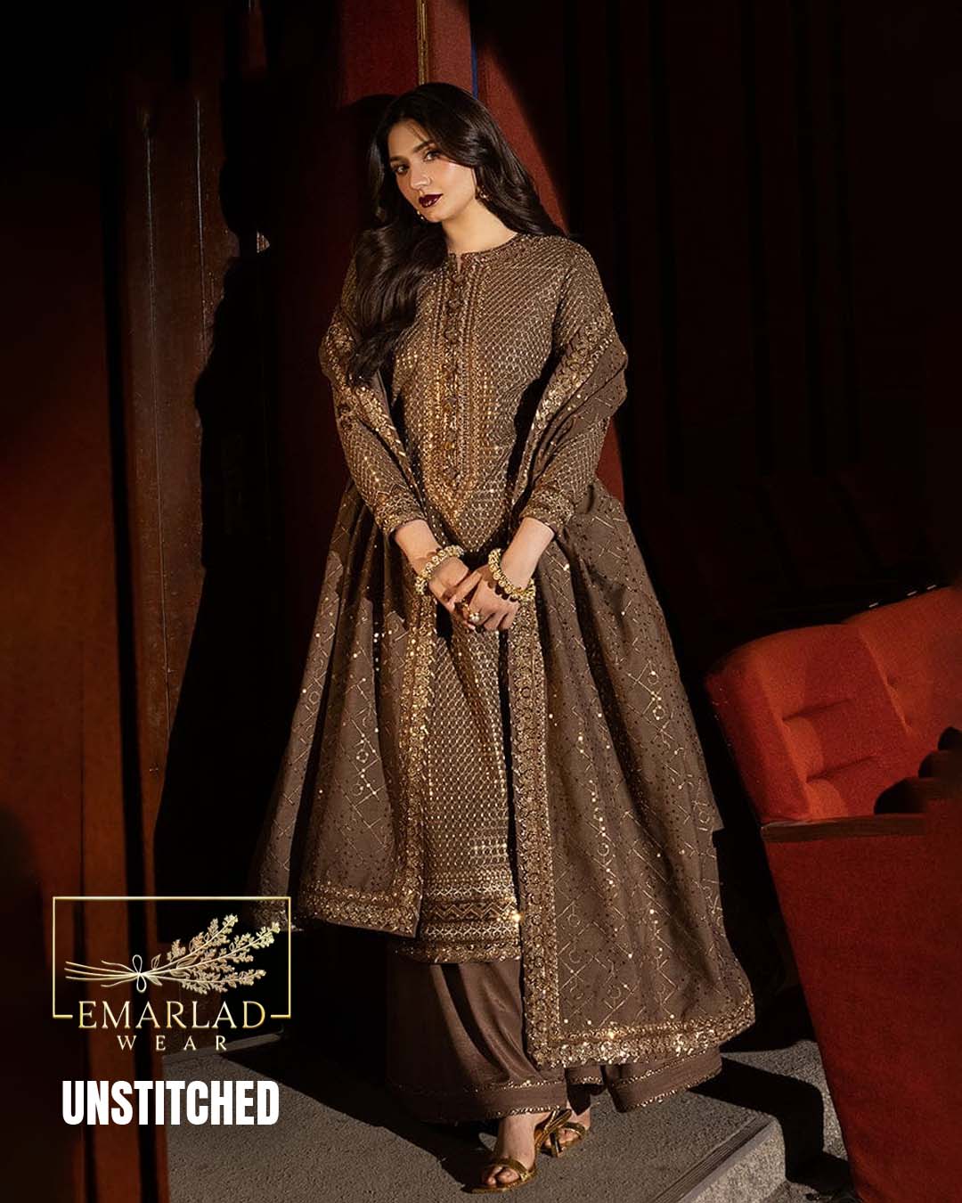 Asim Jofa Brown Chiffon Sequence Embroidered Suit