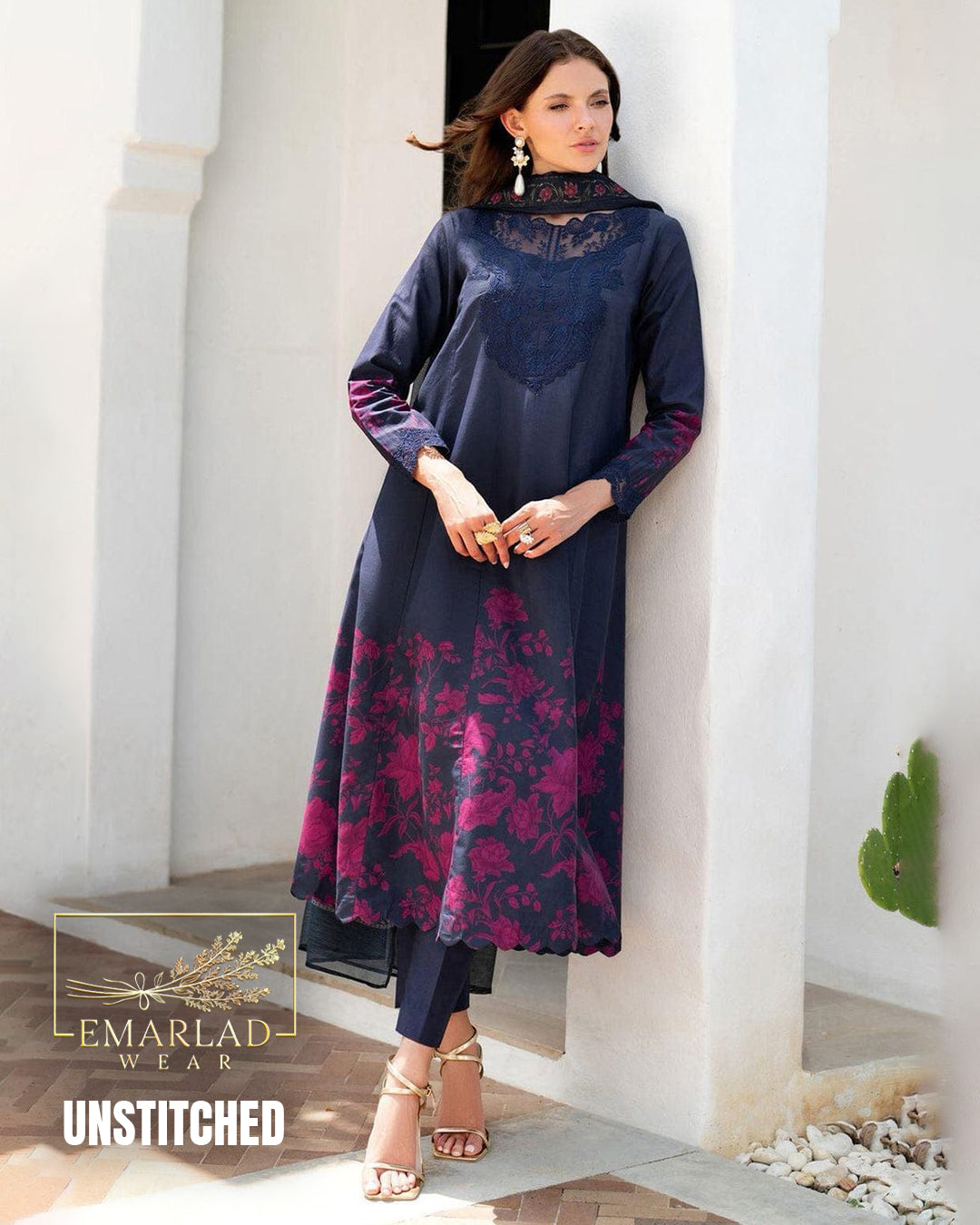 Iznik Navy Blue Embroidered Lawn Suit with Chiffon Printed Dupatta – 3 Piece