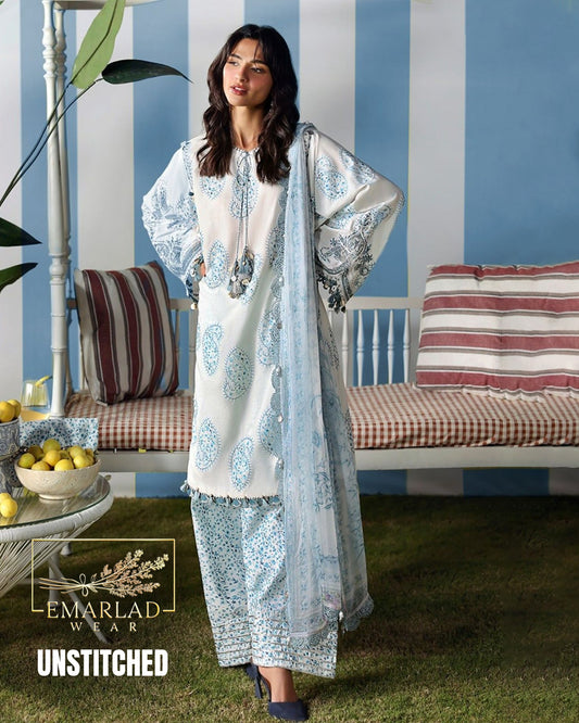 Maria B Kairy White n Blue Lawn Suit with Chiffon Embroidered Dupatta & Printed Trouser
