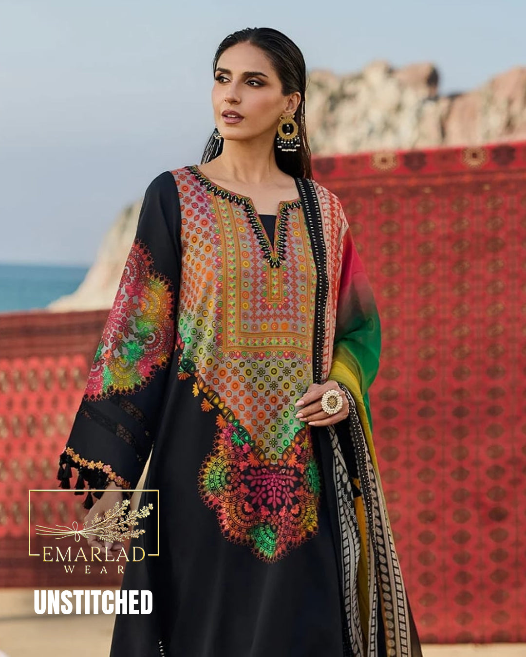 Charizma Black Multi Swiss Lawn 3 Piece Suit with Silk Digital Printed Dupatta