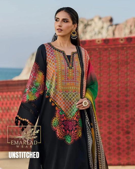 Charizma Black Multi Swiss Lawn 3 Piece Suit with Silk Digital Printed Dupatta