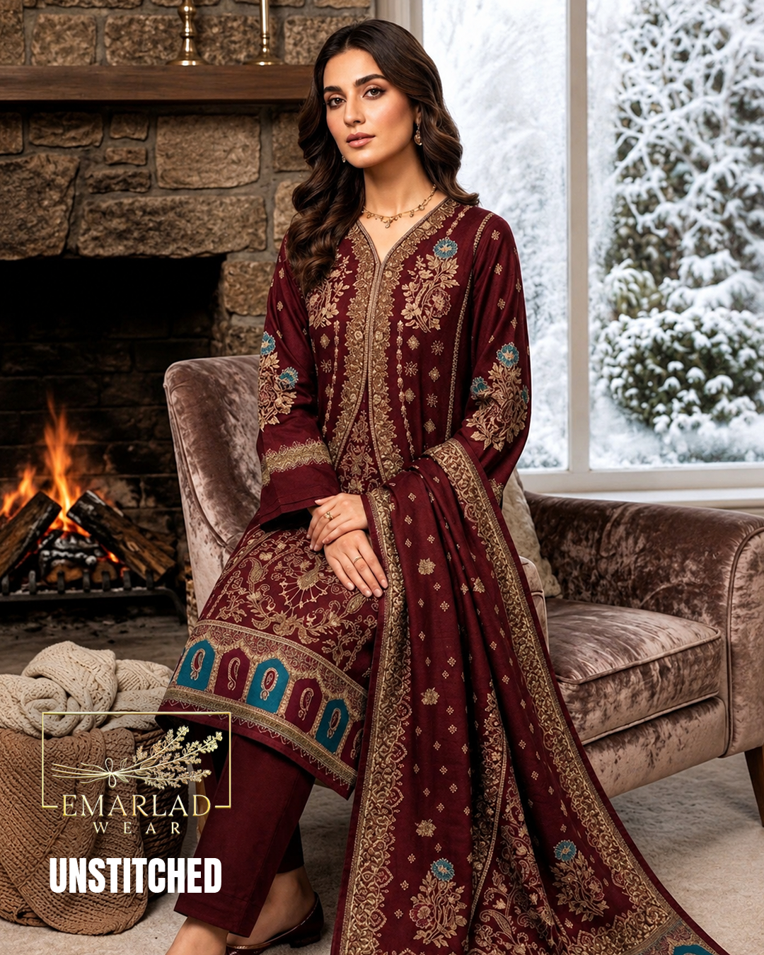 Mehroon Pashmina Jacquard 3 Piece Winter Suit