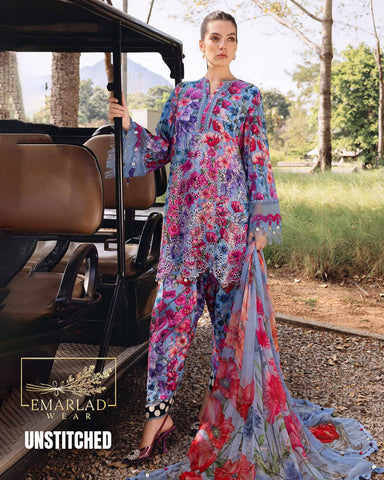 Maria B Floral Blue 3 Piece Printed Lawn Chicken Kari Embroidered Suit with Chiffon Dupatta