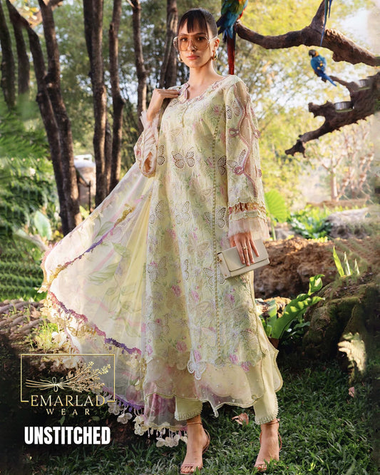 Maria B 2026 Laser Butterfly Lawn Suit Lemon with Chiffon Printed Dupatta 3PC